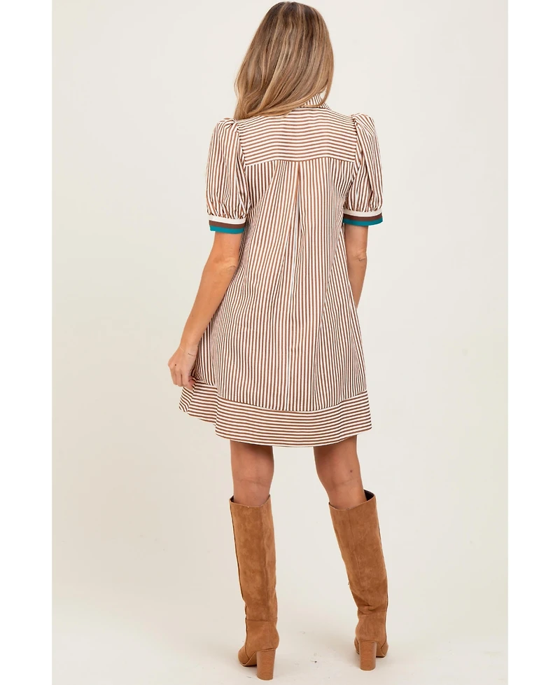 Pinkblush Camel Striped Puff Sleeve Maternity Mini Shirt Dress