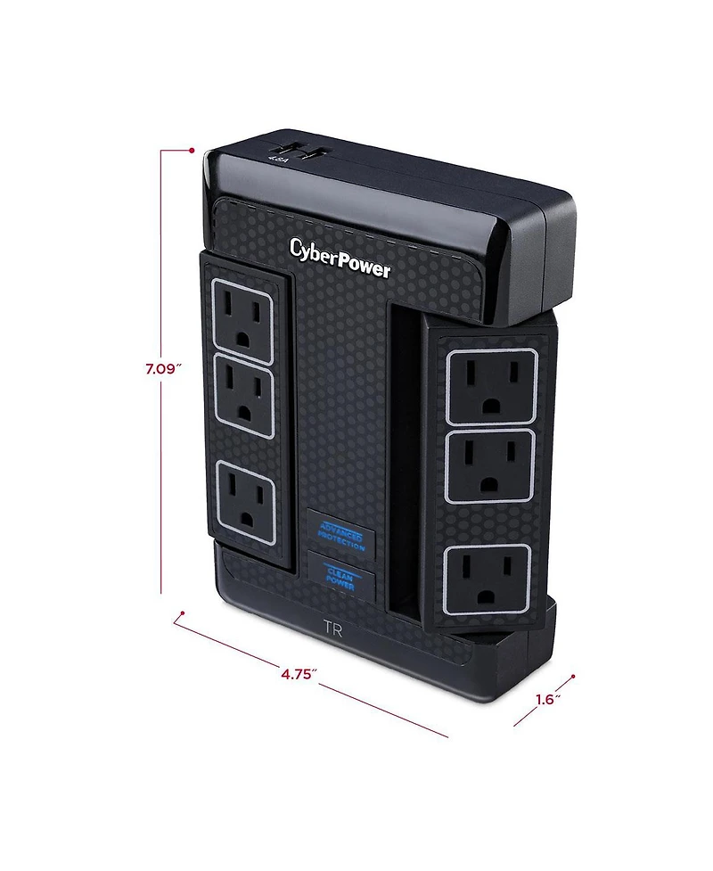 CyberPower HT600WSU2A 6-Outlet 500V Wall Mount Surge Protector, Black