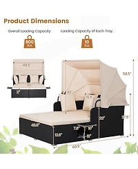 Gymax Patio Rattan Daybed Lounge Retractable Top Canopy Side Tables Cushions