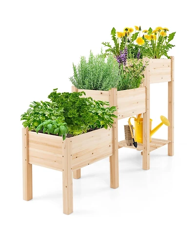 Gymax 3-Tier Wooden Garden Bed Elevated Planter w/ 3 Planter Boxes, Open Storage Shelf