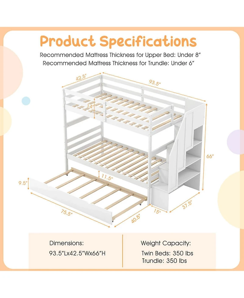 Gymax Twin over Wooden Bunk Bed w/ Trundle Storage Stairs Convertible