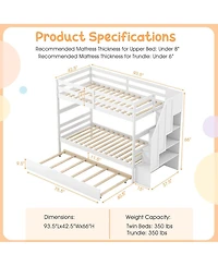 Gymax Twin over Wooden Bunk Bed w/ Trundle Storage Stairs Convertible
