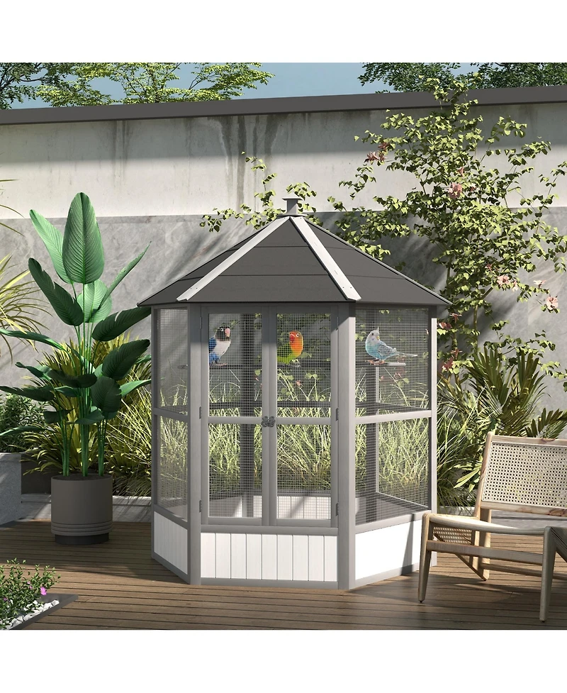 PawHut 69" Large Wooden Hexagonal with Cove Roof, Light