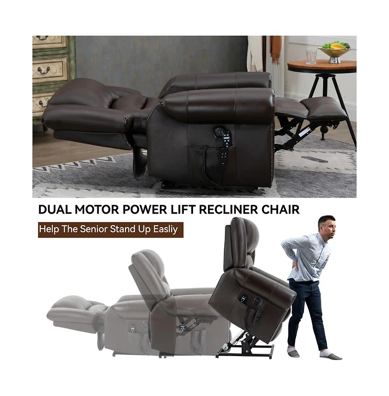 Maison Boucle Dual Motor Power Lift Recliner with Massage & Heat, Leather Electric Chair Usb Infinite Positions-Maison