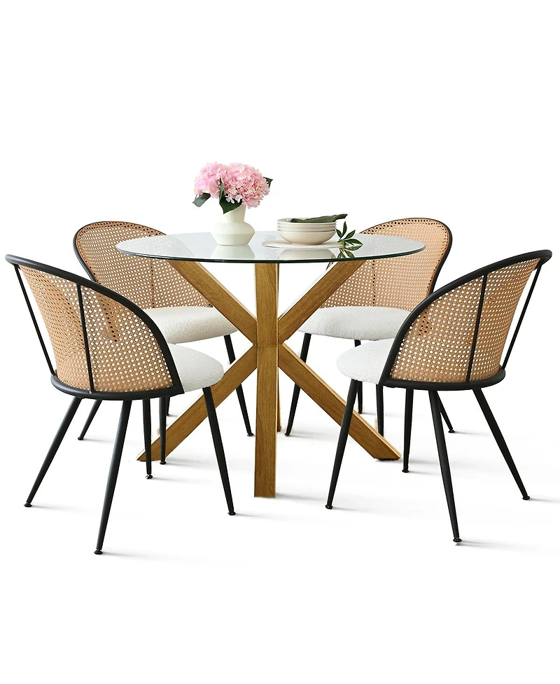 Elegant Minimalist Round Glass Dining Table with 39in Diameter and 4 Rattan Chairs, Modern Space-Saving Kitchen Set-Maison Boucle