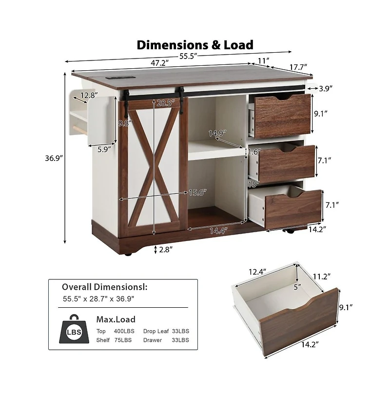 Maison Boucle 55.5" Farmhouse Kitchen Island with Drop Leaf, Barn Door, Power Outlet & Storage Drawers, Rolling Cart on Wheels-Maison Boucle