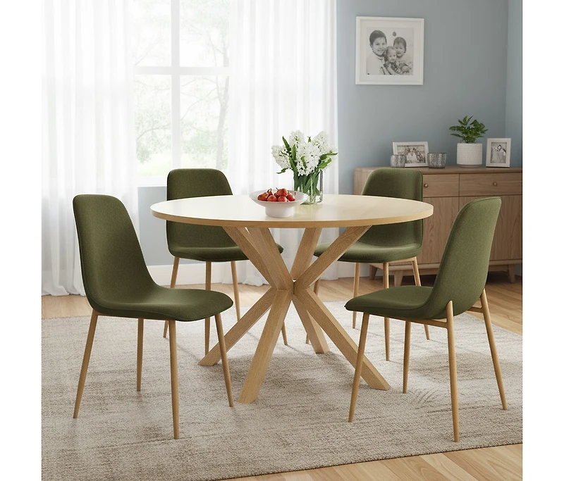 Compact 5-Piece Dining Set with 39.5 Inch Round Table and 4 Green Chairs, Natural Wood Look for Small Kitchens or Apartments-Maison Boucle