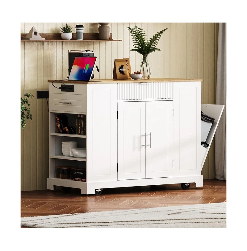 Rolling Kitchen Island with Trash Bin Cabinet, Power Outlet, 3 Drawers, Side Spice Racks, Solid Wood Top, Lockable Wheels-Maison Boucle