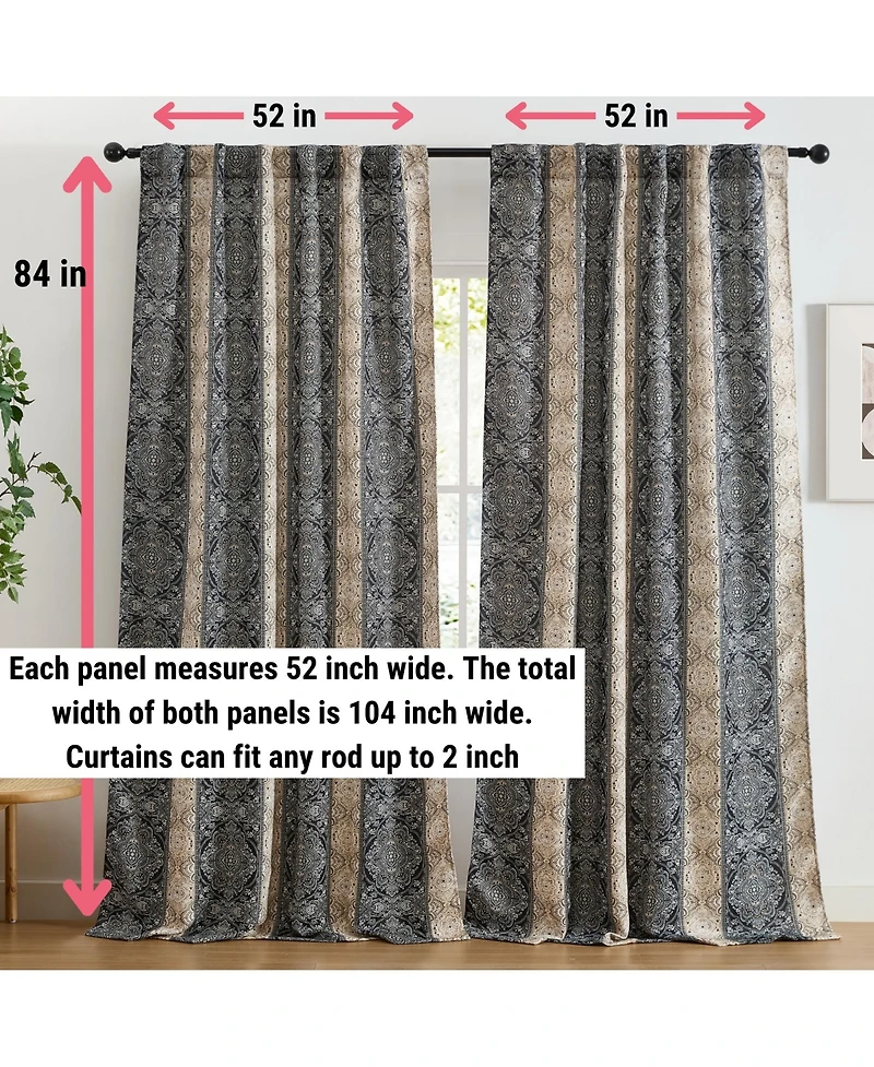 Hlc.me William Boho Damask Striped Patterned Window Back Tab Rod Pocket Curtains Bedroom - Light Blocking Darkening Window Panels