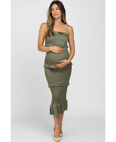 Pinkblush Olive Satin Smocked Fitted Maternity Maxi Dress