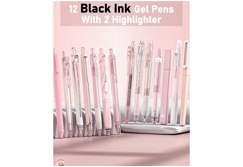 Htutwoo 14 Packs Pastel Gel Ink Pen Set, Cute Retractable 0.5mm Fine Point Pen, Note Taking Aesthetic Pens, 12 Packs Black Ink Pens With 2Pack Highlig