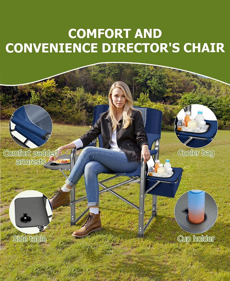 Sugift Camping Chair Oversized Beach Chair with Cooler Bag, Fold-Out Side Table, Cup Holder