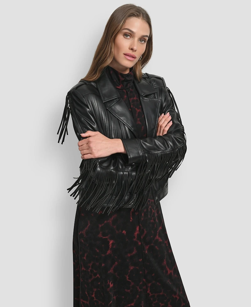 Dkny Women's Fringe Detail Crop Collared Jacket