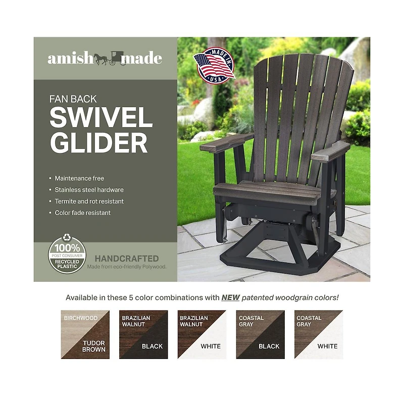 American Furniture Classics Fan Back Swivel Glider in Brazilian Walnut on a Black Base