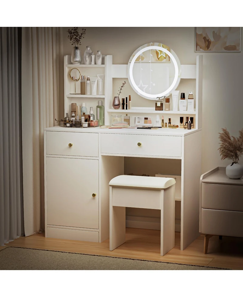 Streamdale Furniture Vanity Desk with Mirror, Lights, and Cushioned Chair