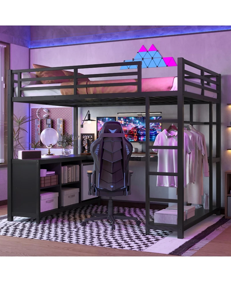 Streamdale Furniture Metal Loft Bed with Wardrobe & Desk Full Size Black