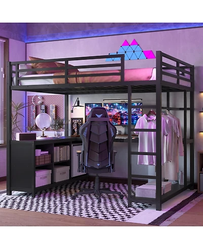 Streamdale Furniture Metal Loft Bed with Wardrobe & Desk Full Size Black