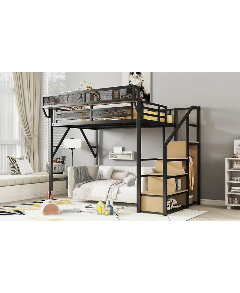 Streamdale Furniture Metal Full Loft Bed with Stairs & Storage - Black