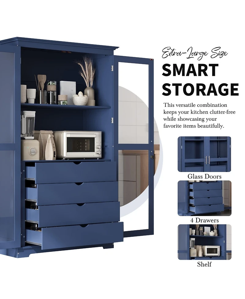 Streamdale Furniture Blue Kitchen Pantry Cabinet with Glass Doors & Drawers