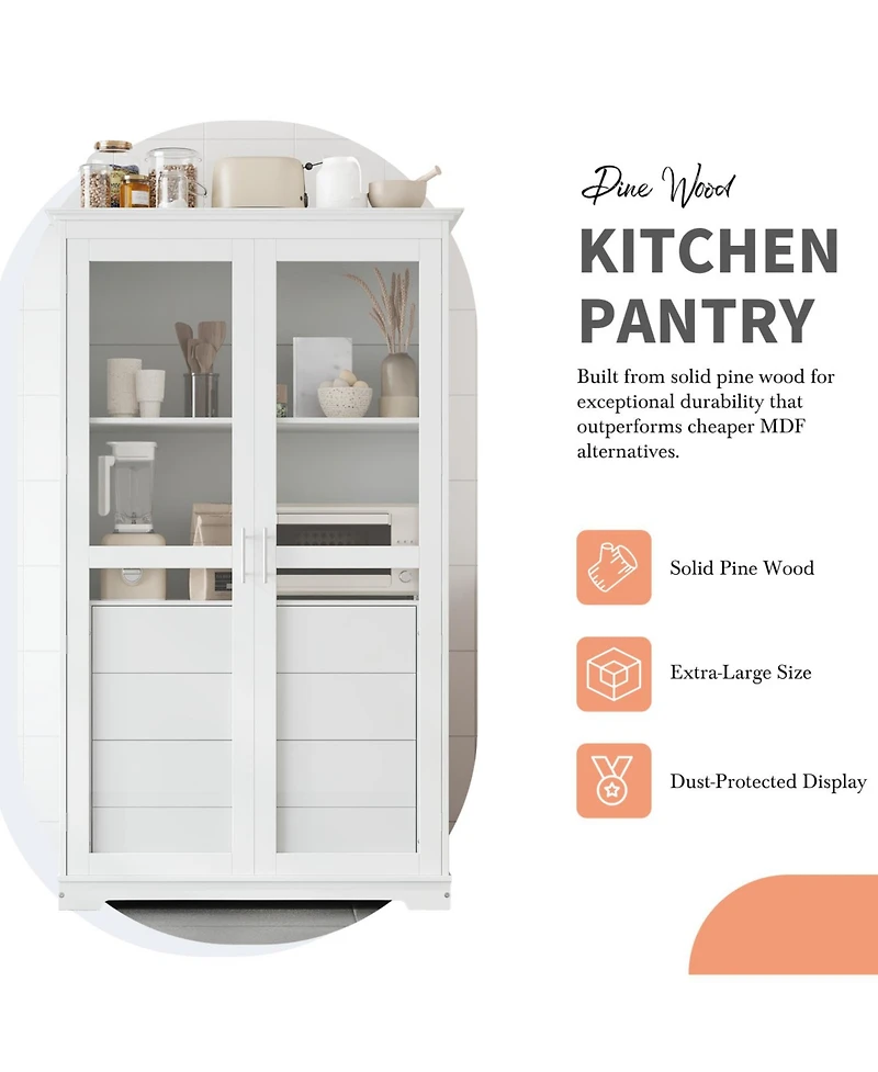 Streamdale Kitchen Pantry Cabinet with Glass Doors & Drawers - White