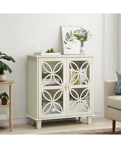 Streamdale Furniture Cream Sideboard Buffet Cabinet with Glass Doors