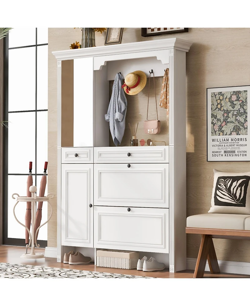 Streamdale Hall Tree w/ Shoe Cabinet, Mirrored Door, Bench, Hooks & Drawers