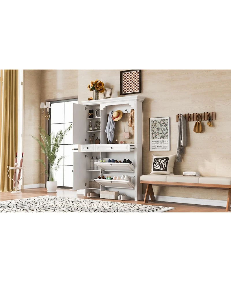 Streamdale Hall Tree w/ Shoe Cabinet, Mirrored Door, Bench, Hooks & Drawers