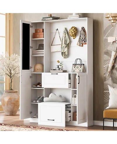 Streamdale Furniture Entryway Bench with Shoe Cabinet, Hall Tree, Hooks & Foldable Seat