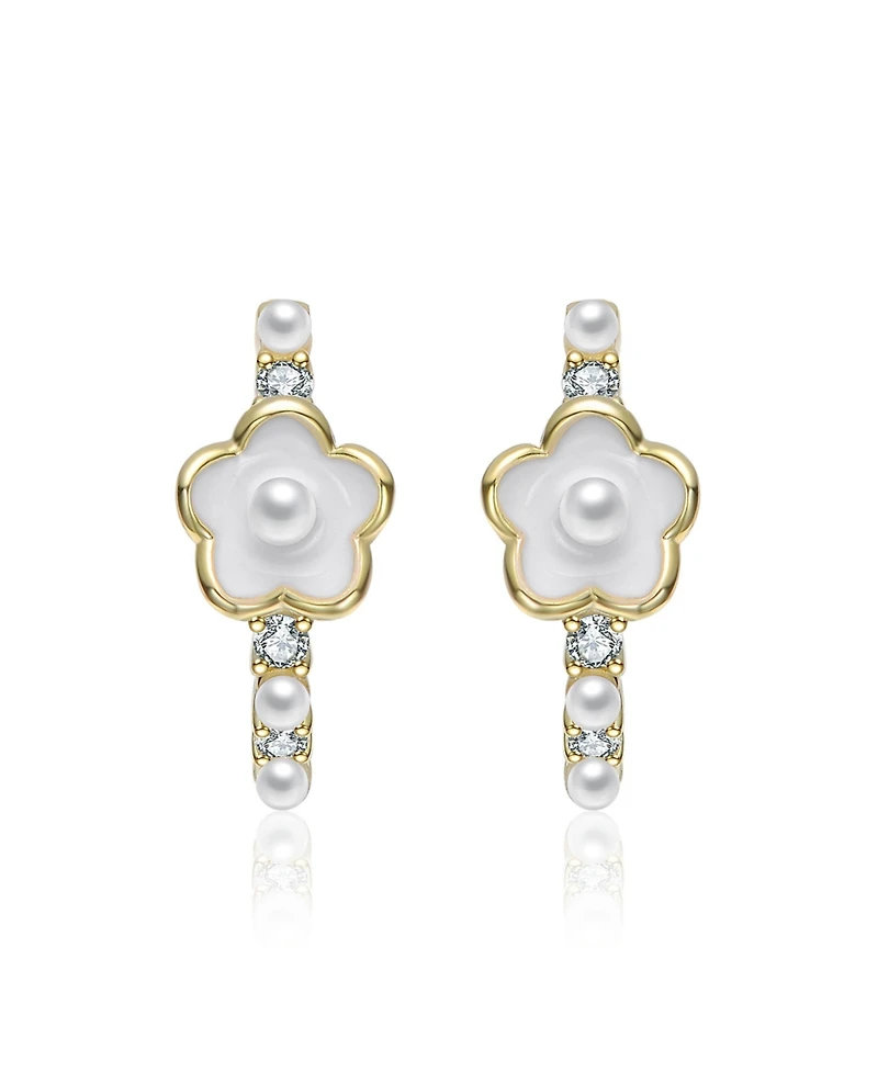 GiGiGirl 14K Gold Plated with White Enamel Pearl & Clear Cubic Zirconia Flower Design Hoop Earrings