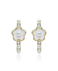 GiGiGirl 14K Gold Plated with White Enamel Pearl & Clear Cubic Zirconia Flower Design Hoop Earrings