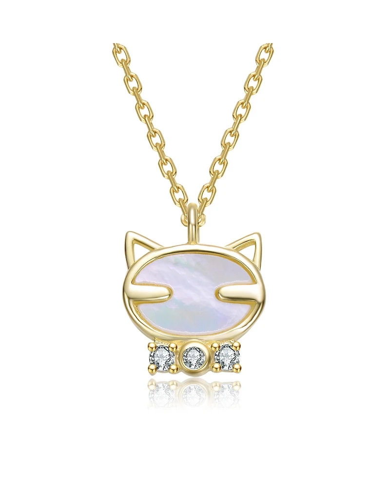 GiGiGirl 14K Gold Plated with Mother Of Pearl & Clear Cubic Zirconia Cat Pendant Necklace For Kids