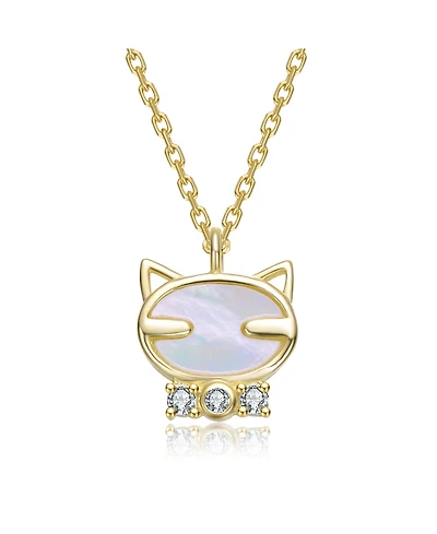 GiGiGirl 14K Gold Plated with Mother Of Pearl & Clear Cubic Zirconia Cat Pendant Necklace For Kids