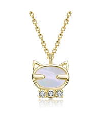 GiGiGirl 14K Gold Plated with Mother Of Pearl & Clear Cubic Zirconia Cat Pendant Necklace For Kids