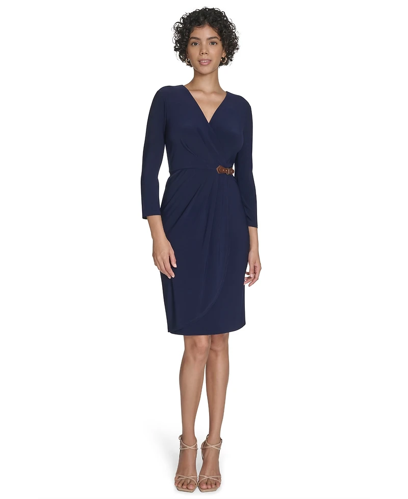 Jessica Howard Petite Surplice Faux Wrap Sheath With Buckle Dress