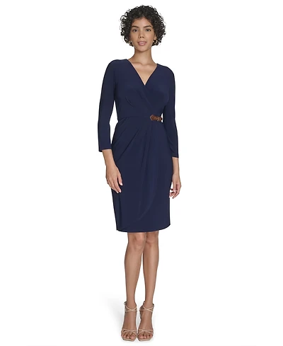 Jessica Howard Petite Surplice Faux Wrap Sheath With Buckle Dress