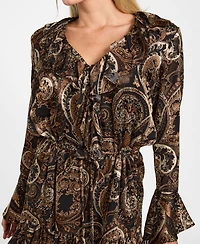 Guess Women's Paisley Print Long Ruffle Sleeves Mini Dress