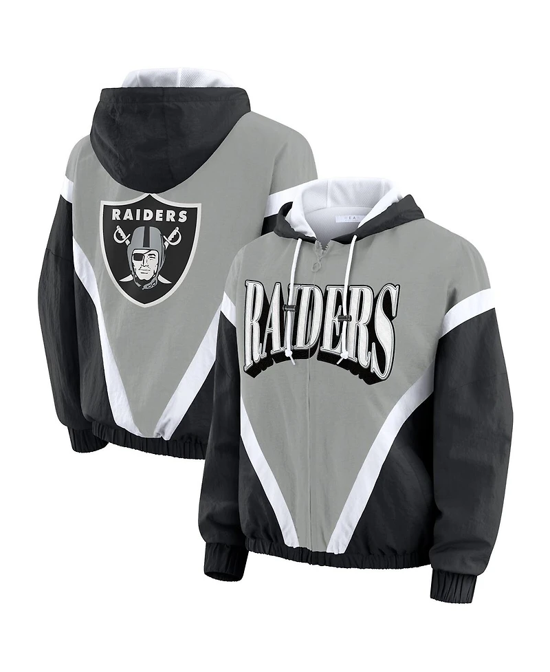Wear by Erin Andrews Women's Black/Silver Las Vegas Raiders Retro Crinkle Full-Zip Hoodie Windbreaker