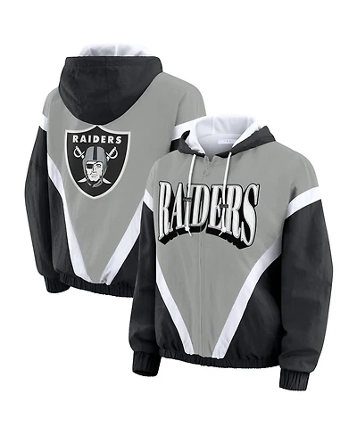 Wear by Erin Andrews Women's Black/Silver Las Vegas Raiders Retro Crinkle Full-Zip Hoodie Windbreaker