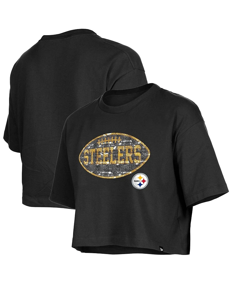 New Era Girl's Black Pittsburgh Steelers Flip Sequin Boxy T-Shirt