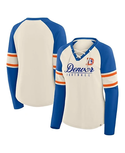 Fanatics Women's Cream/Royal Denver Broncos Hometown Gridiron Hero Raglan Lace-Up V-Neck Long Sleeve T-Shirt