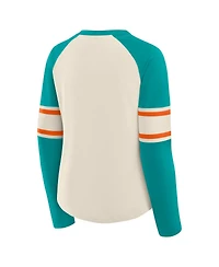 Fanatics Women's Cream/Aqua Miami Dolphins Hometown Gridiron Hero Raglan Lace-Up V-Neck Long Sleeve T-Shirt