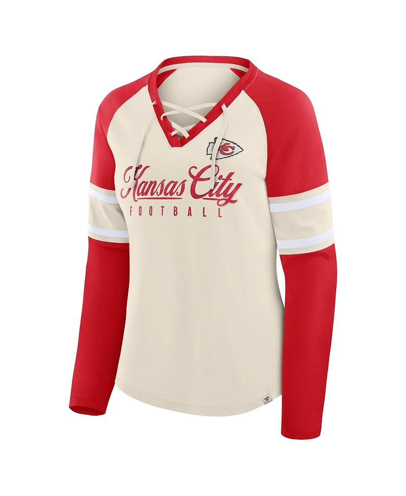 Fanatics Women's Cream/Red Kansas City Chiefs Hometown Gridiron Hero Raglan Lace-Up V-Neck Long Sleeve T-Shirt