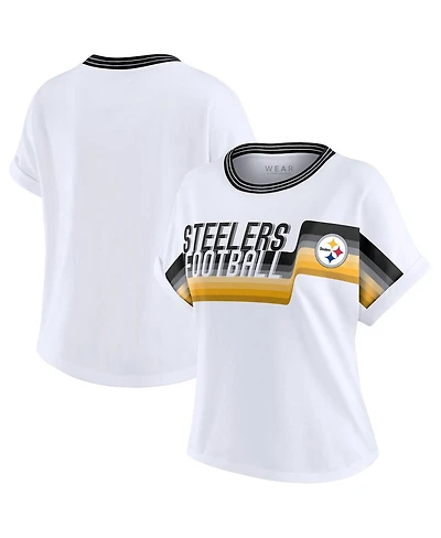 Wear by Erin Andrews Women's White Pittsburgh Steelers Cropped Center Stripe Dolman T-Shirt
