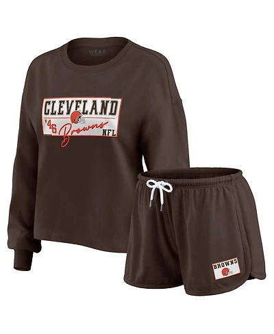 Wear by Erin Andrews Women's Brown Cleveland Browns Heavy Rugby Jersey Long Sleeve T-Shirt and Shorts Lounge Set