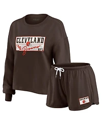 Wear by Erin Andrews Women's Brown Cleveland Browns Heavy Rugby Jersey Long Sleeve T-Shirt and Shorts Lounge Set