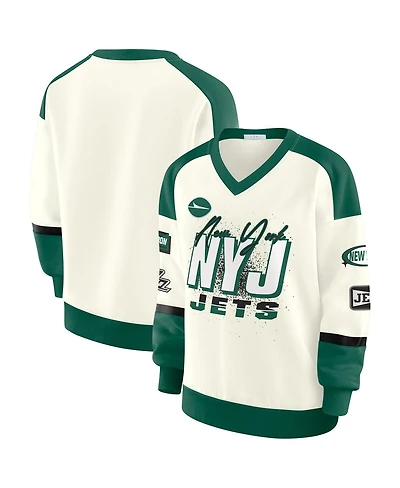 Wear by Erin Andrews Women's Cream New York Jets Racing Crew V-Neck Sweatshirt