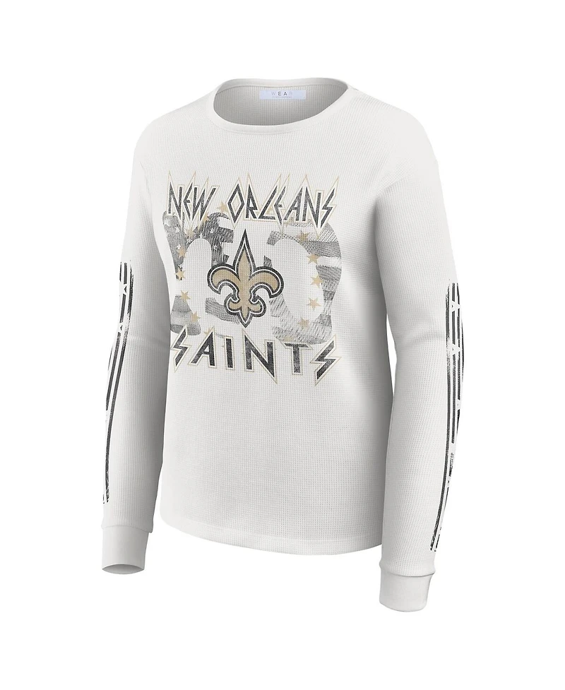 Wear by Erin Andrews Women's White New Orleans Saints Graphic Waffle Long-Sleeve T-Shirt