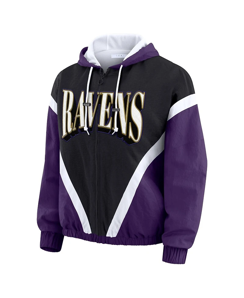Wear by Erin Andrews Women's Purple/Black Baltimore Ravens Retro Crinkle Full-Zip Hoodie Windbreaker