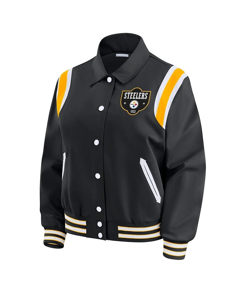 Wear by Erin Andrews Women's Black Pittsburgh Steelers Varsity Lightweight Full-Snap Jacket