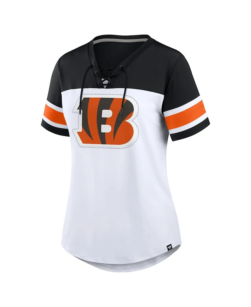 Fanatics Women's White/Black Cincinnati Bengals Athena Rhinestone Lace-Up V-Neck T-Shirt